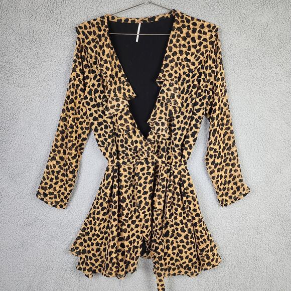 Free People Frenchie Leopard Print Ruffle Wrap Dress Women's Size M Animal Print - Picture 1 of 10